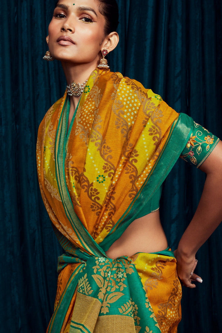 Mustard Yellow Brasso Silk Saree With Designer Blouse