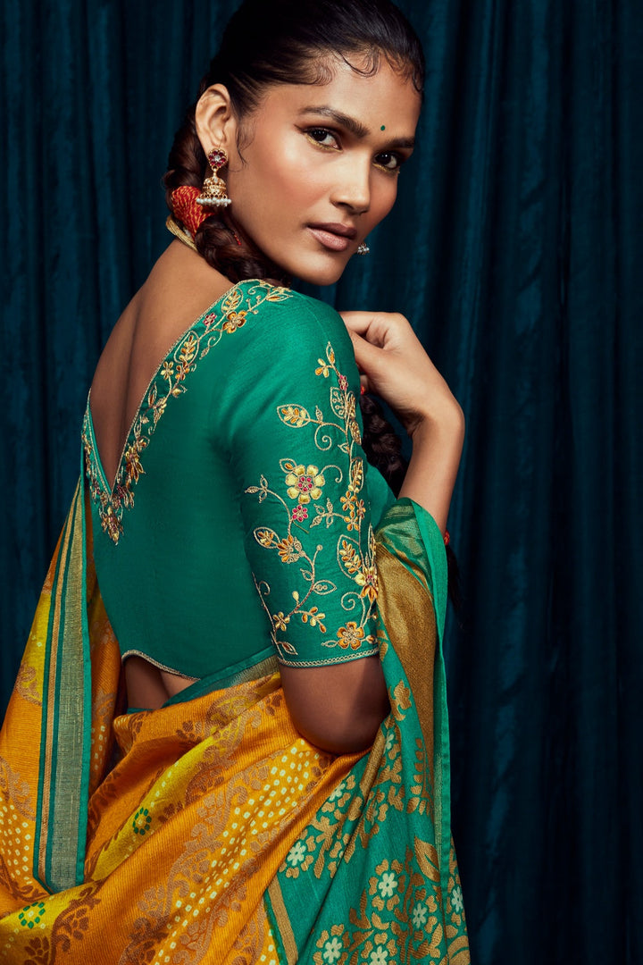 Mustard Yellow Brasso Silk Saree With Designer Blouse