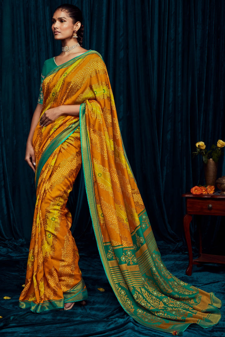 Mustard Yellow Brasso Silk Saree With Designer Blouse