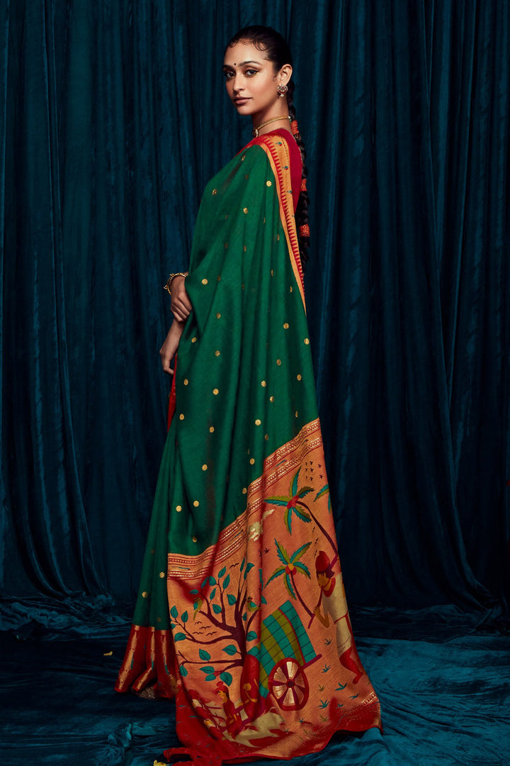 Dark Green Brasso Silk Saree With Designer Blouse