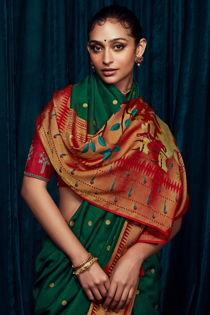 Dark Green Brasso Silk Saree With Designer Blouse