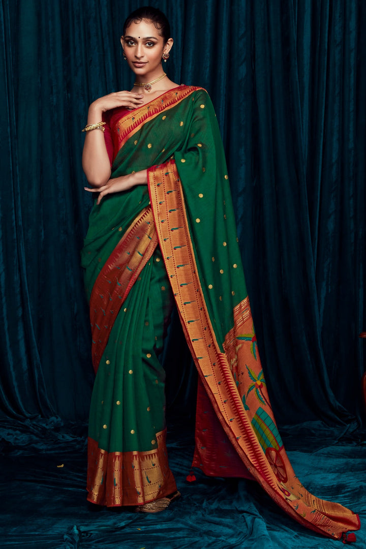 Dark Green Brasso Silk Saree With Designer Blouse