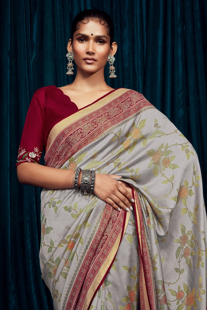 Light Grey Brasso Silk Saree With Designer Blouse