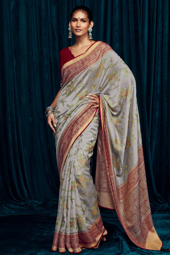 Light Grey Brasso Silk Saree With Designer Blouse