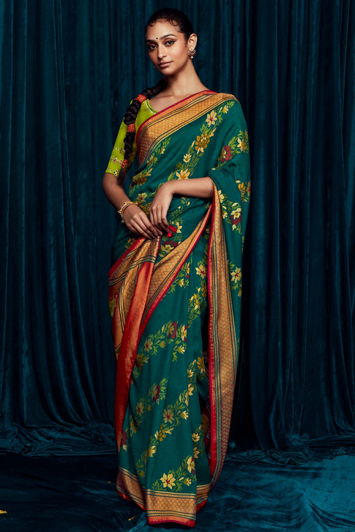 Green Brasso Silk Saree With Designer Blouse