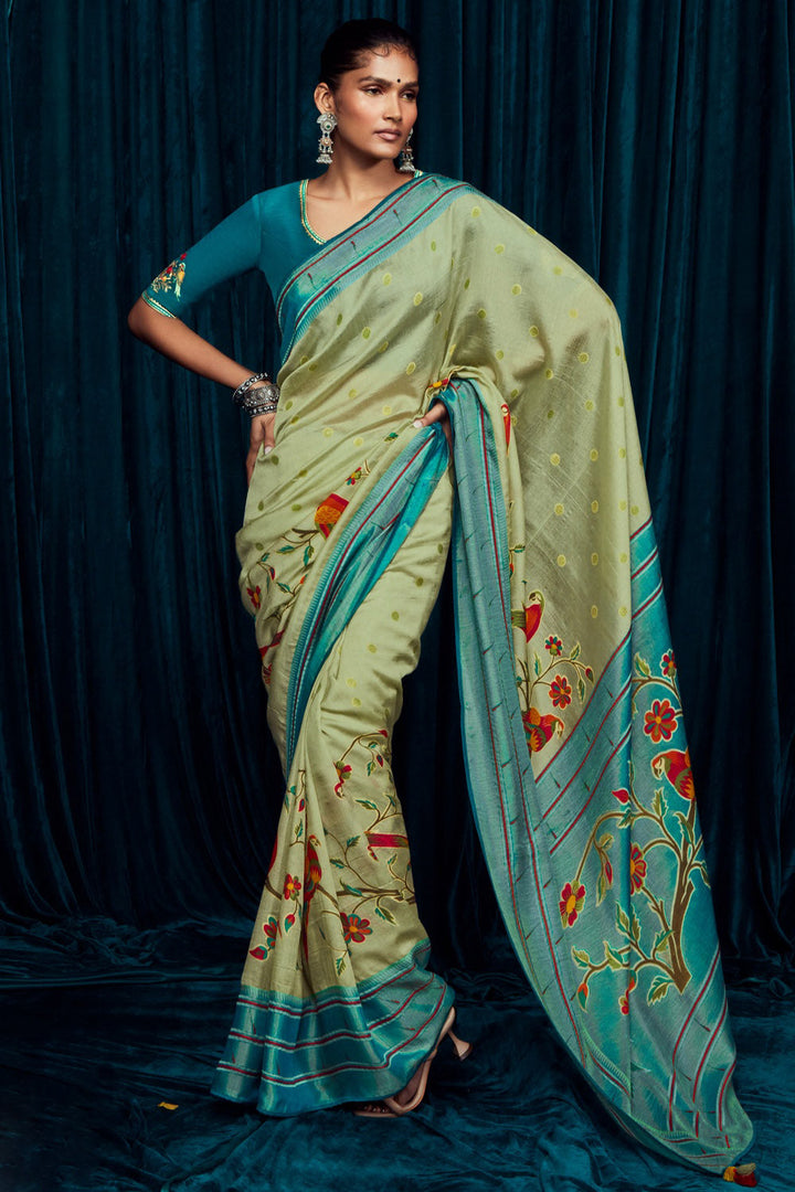 Olive Green Brasso Silk Saree With Designer Blouse