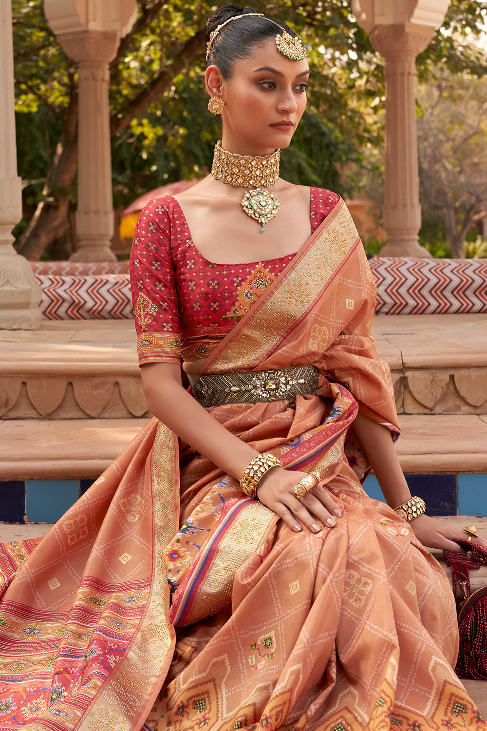 Pastel Beige Designer Patola Silk Saree