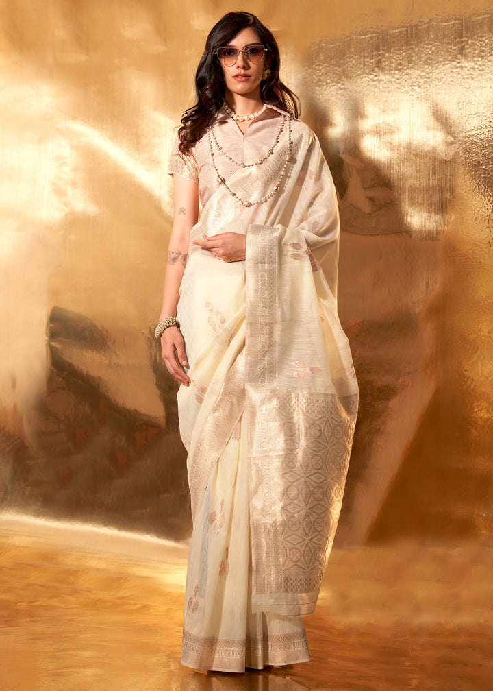 Cream Handwoven Linen Cotton Saree