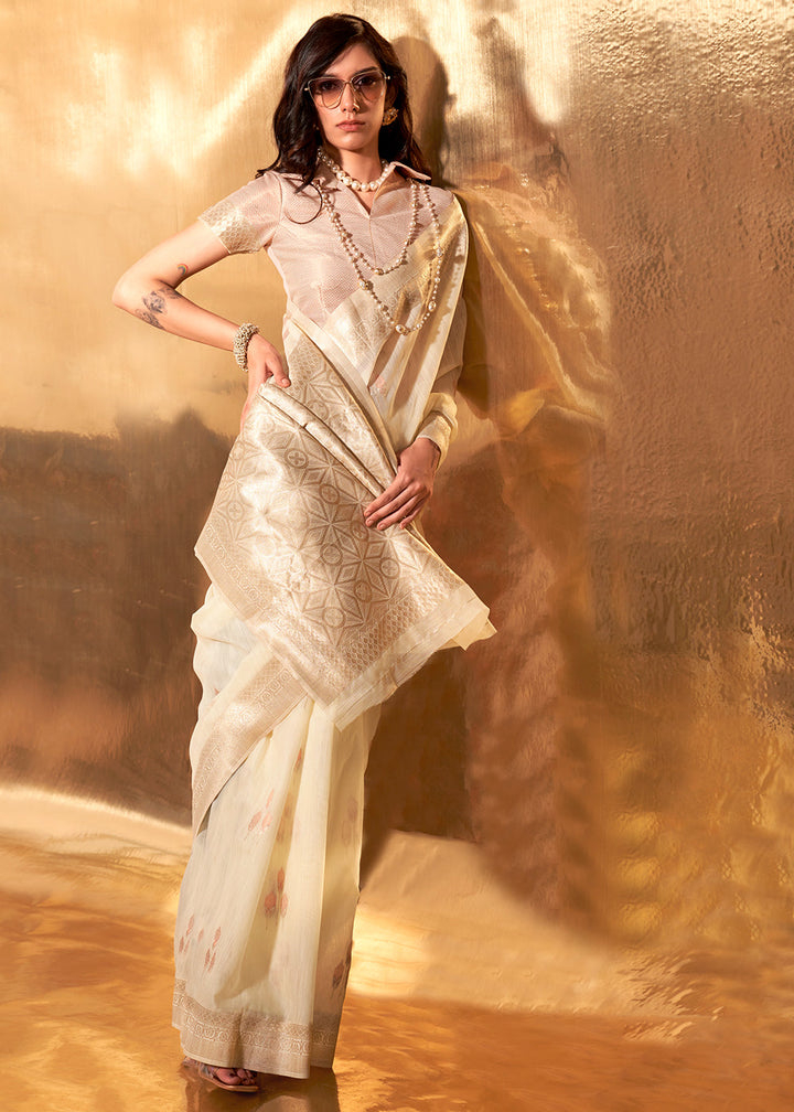 Cream Handwoven Linen Cotton Saree