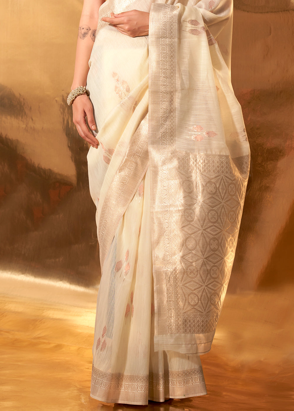 Cream Handwoven Linen Cotton Saree