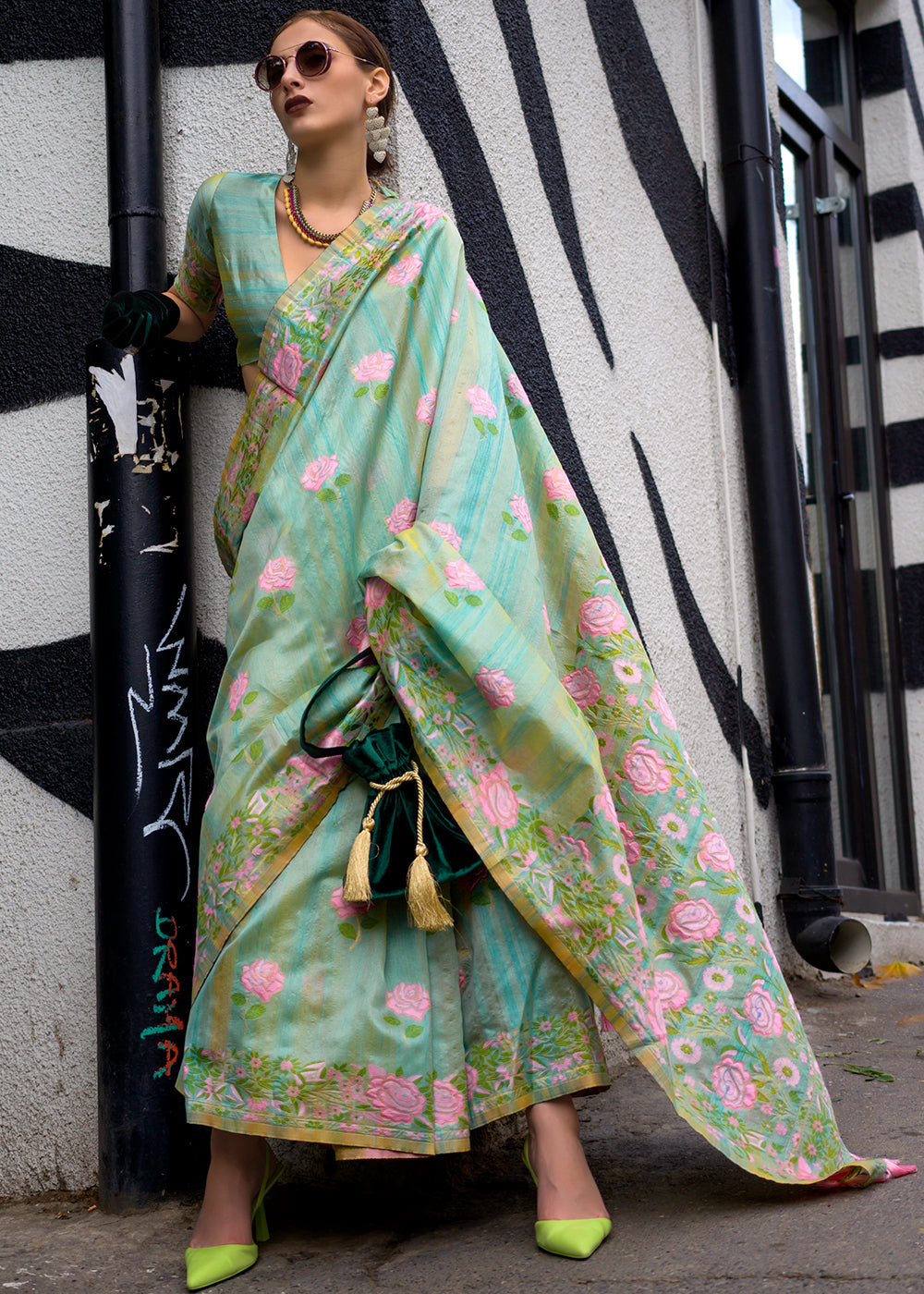 Green Woven Parsi Handloom Saree