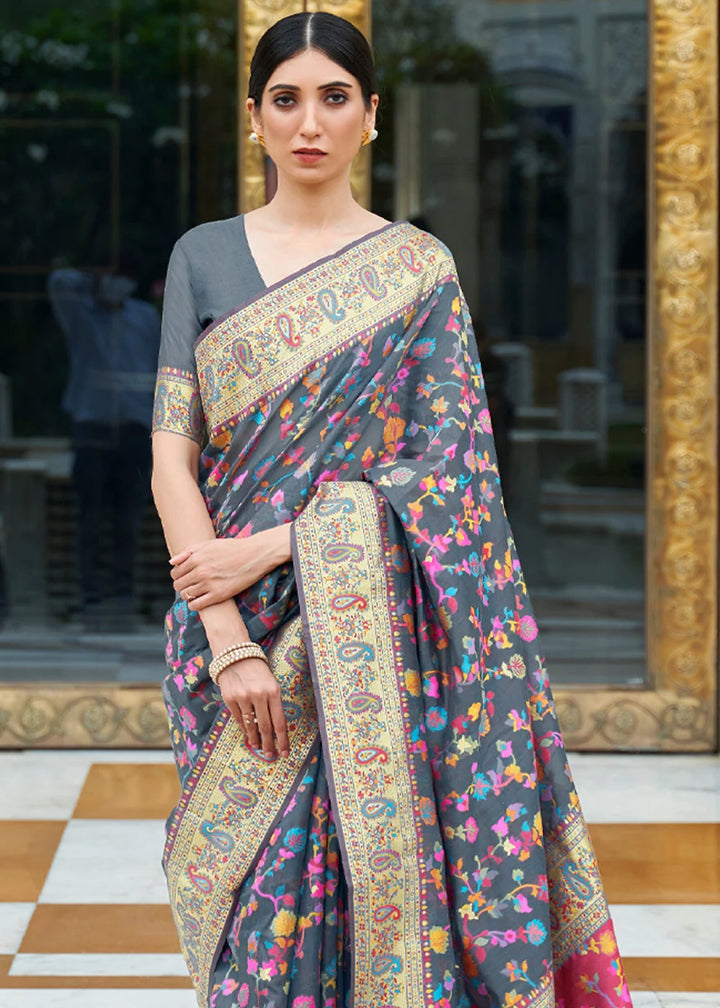 Charcoal Grey Kashmiri Cotton Woven Banarasi Saree