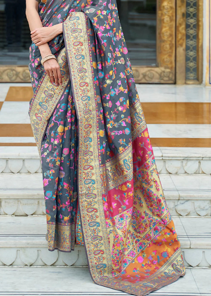 Charcoal Grey Kashmiri Cotton Woven Banarasi Saree