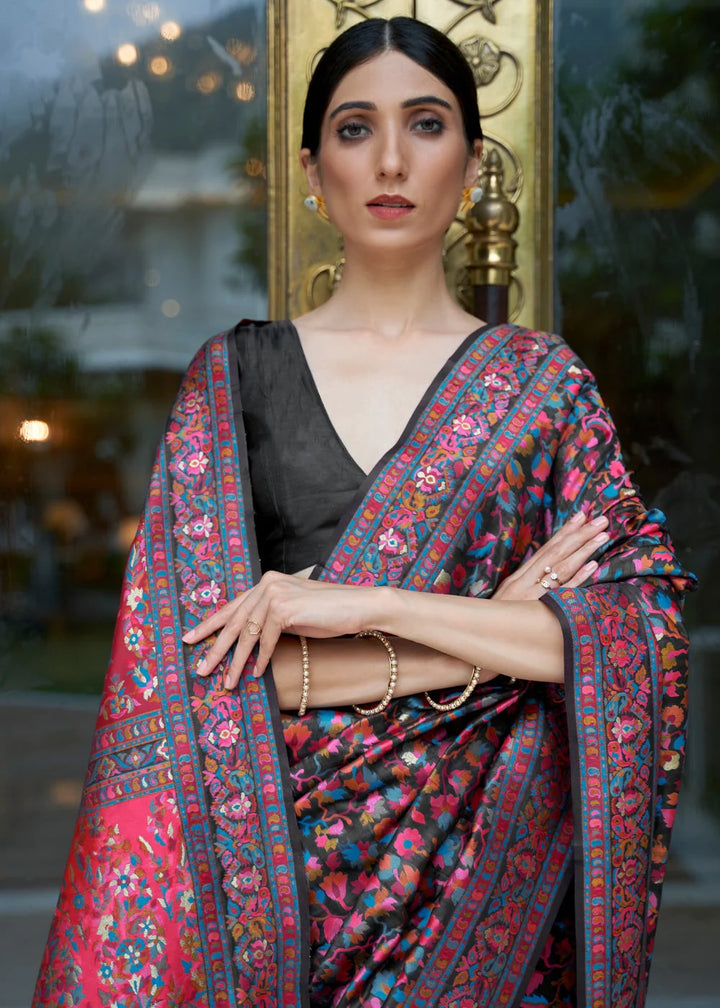 Jet Black Kashmiri Cotton Woven Banarasi Saree