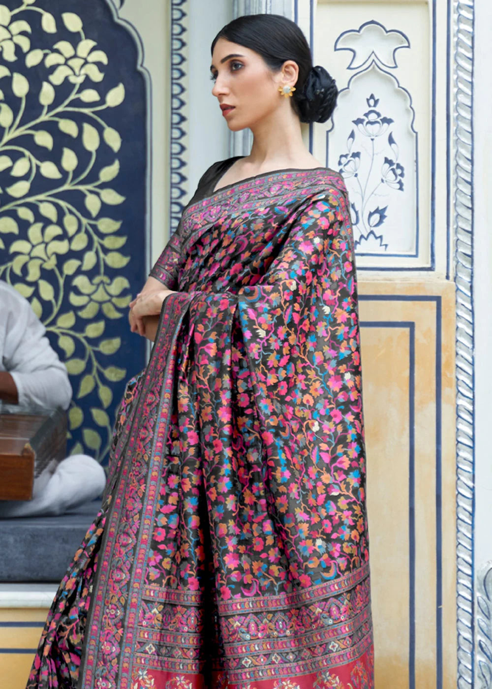 Jet Black Kashmiri Cotton Woven Banarasi Saree