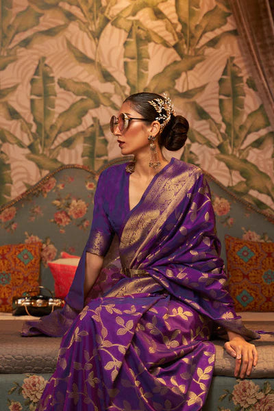 Buy Indian Saree | Deep Purple Zari Weaved Satin Silk Saree At Hatkay