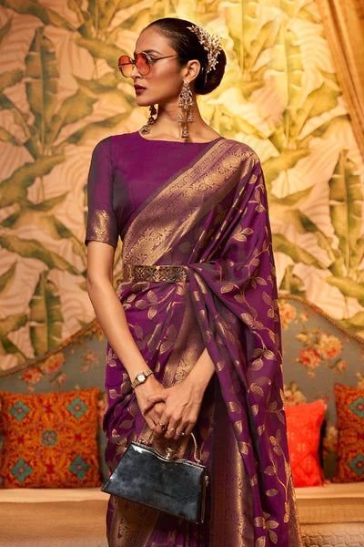 Dark Purple Satin Silk Saree With Handmade Tassels On Pallu – kreationbykj