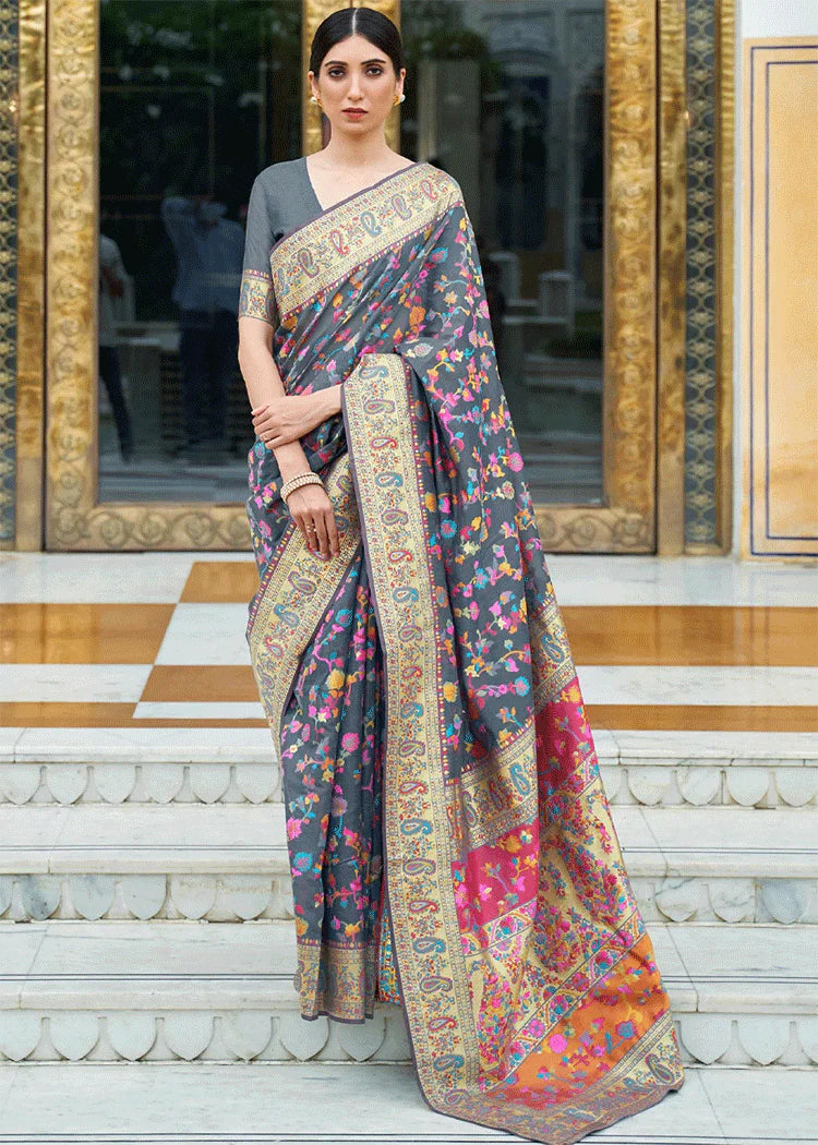 Charcoal Grey Kashmiri Cotton Woven Banarasi Saree