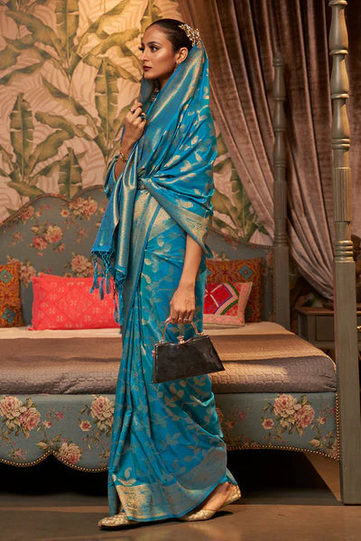 Sky Blue Two Tone Chinon Woven Banarasi Silk Saree