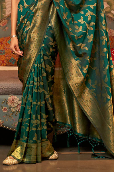 Sapphire Green Two Tone Chinon Woven Banarasi Silk Saree