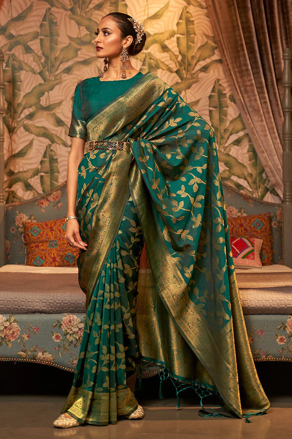 Sapphire Green Two Tone Chinon Woven Banarasi Silk Saree