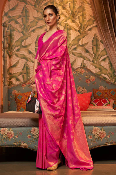 Strawberry Pink Two Tone Chinon Woven Banarasi Silk Saree