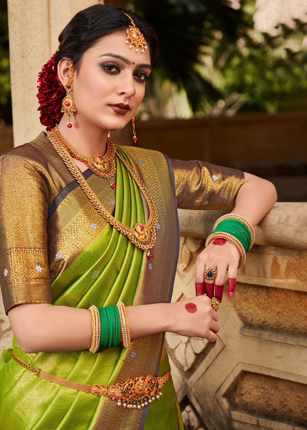 Lime Green Woven Kanjivaram Silk Saree