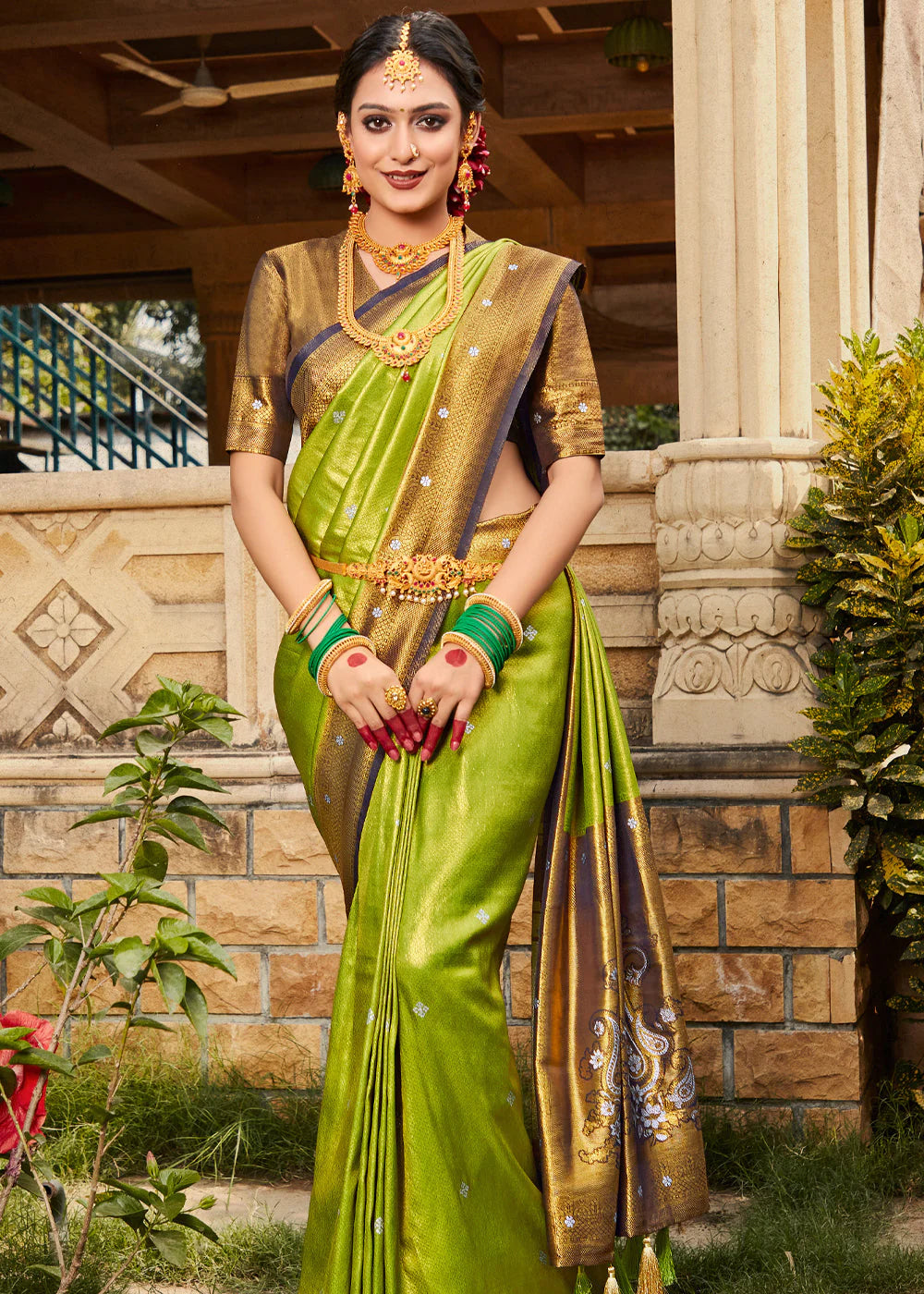 Lime Green Woven Kanjivaram Silk Saree