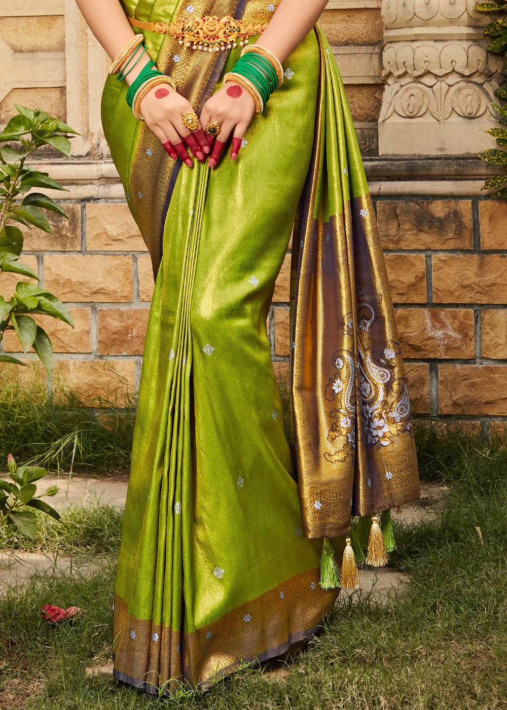 Lime Green Hand Embroidered Pleated Saree Set Design by Kiran Uttam Ghosh  at Pernia's Pop Up Shop 2024