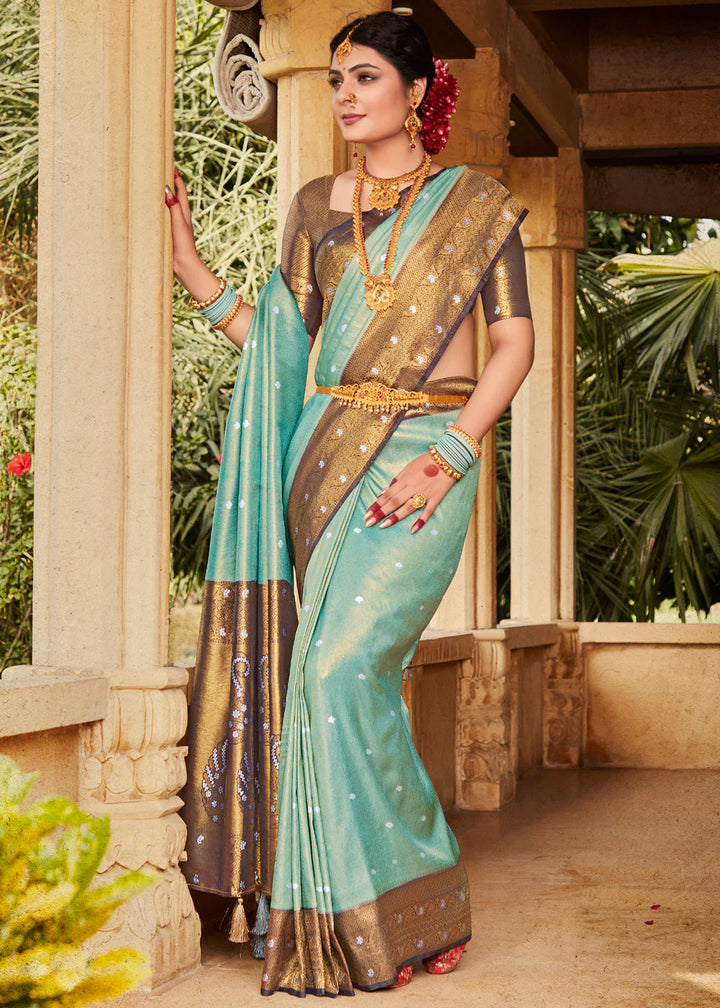 Stream Blue Woven Kanjivaram Silk Saree