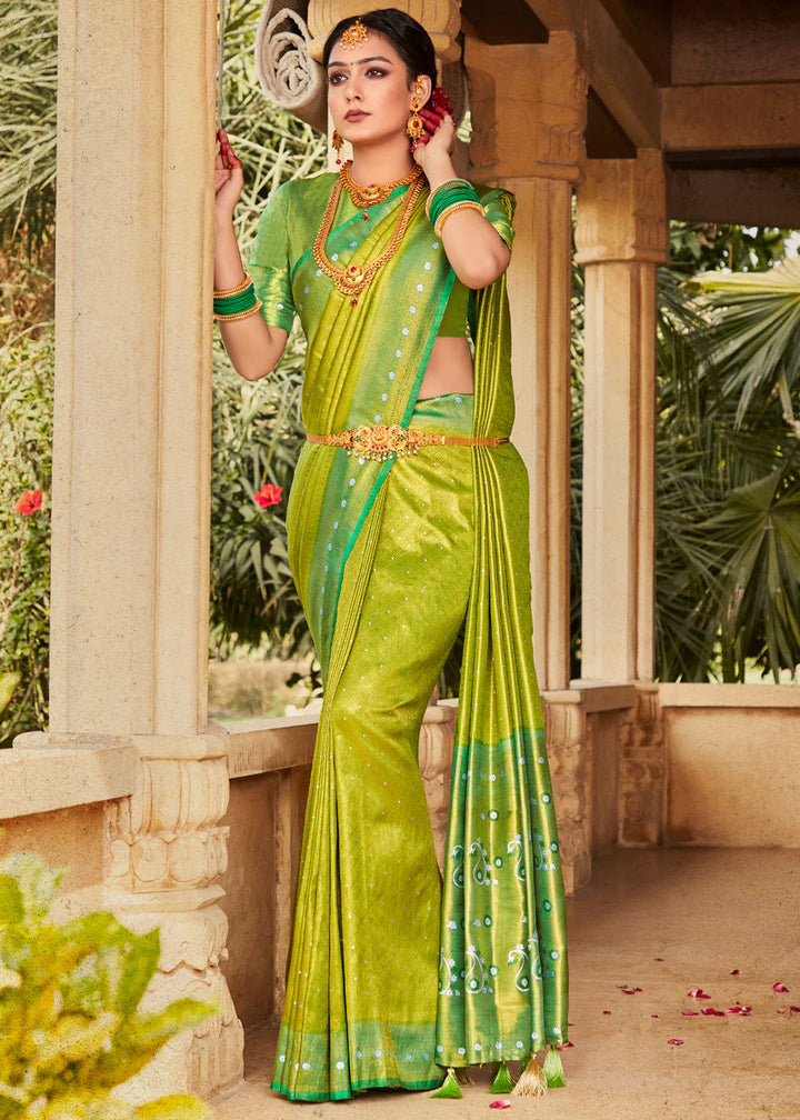 Parrot Green Woven Kanjivaram Silk Saree