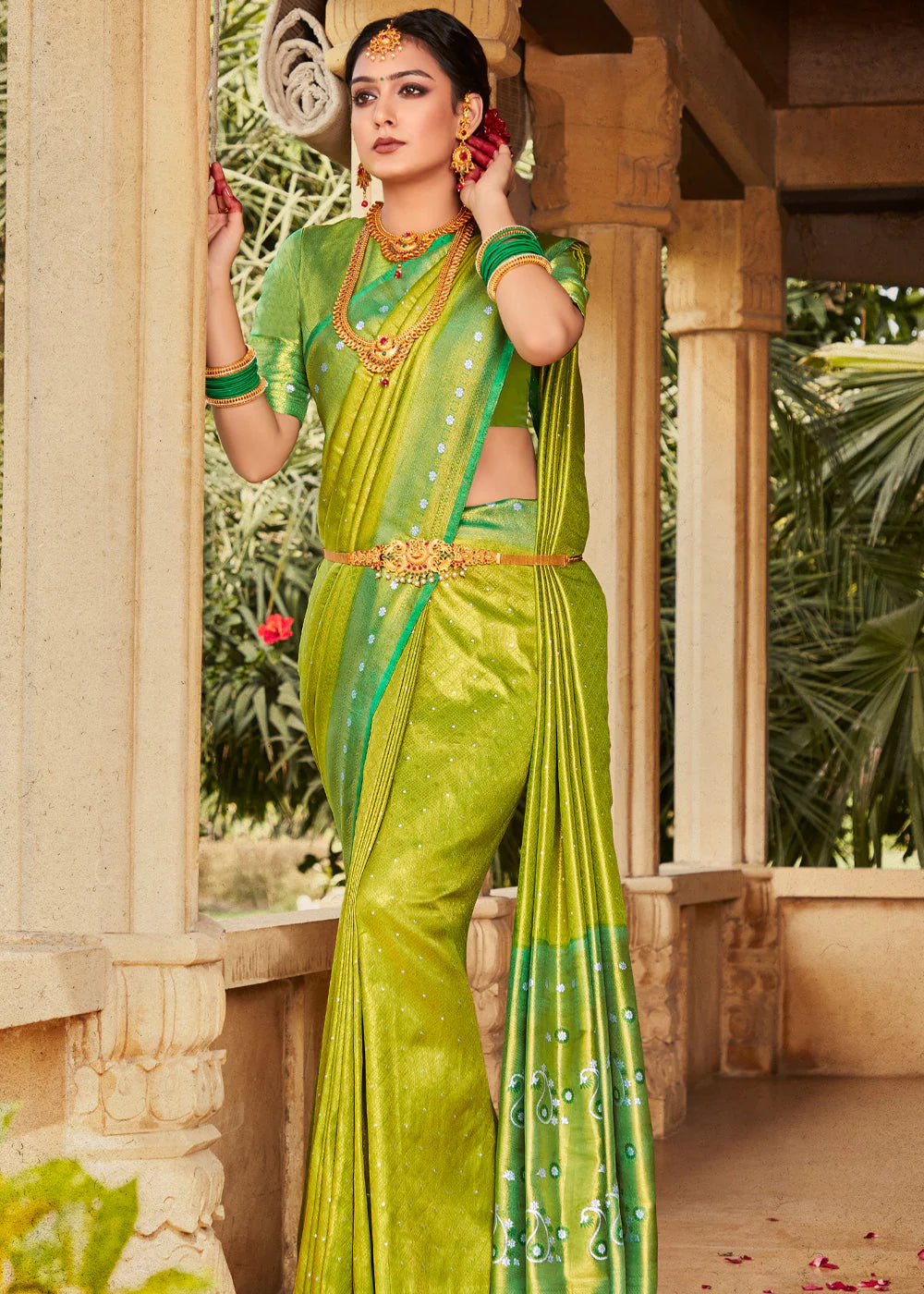 Free full draping )Parrot green and gold silk saree with hand worked –  Threads