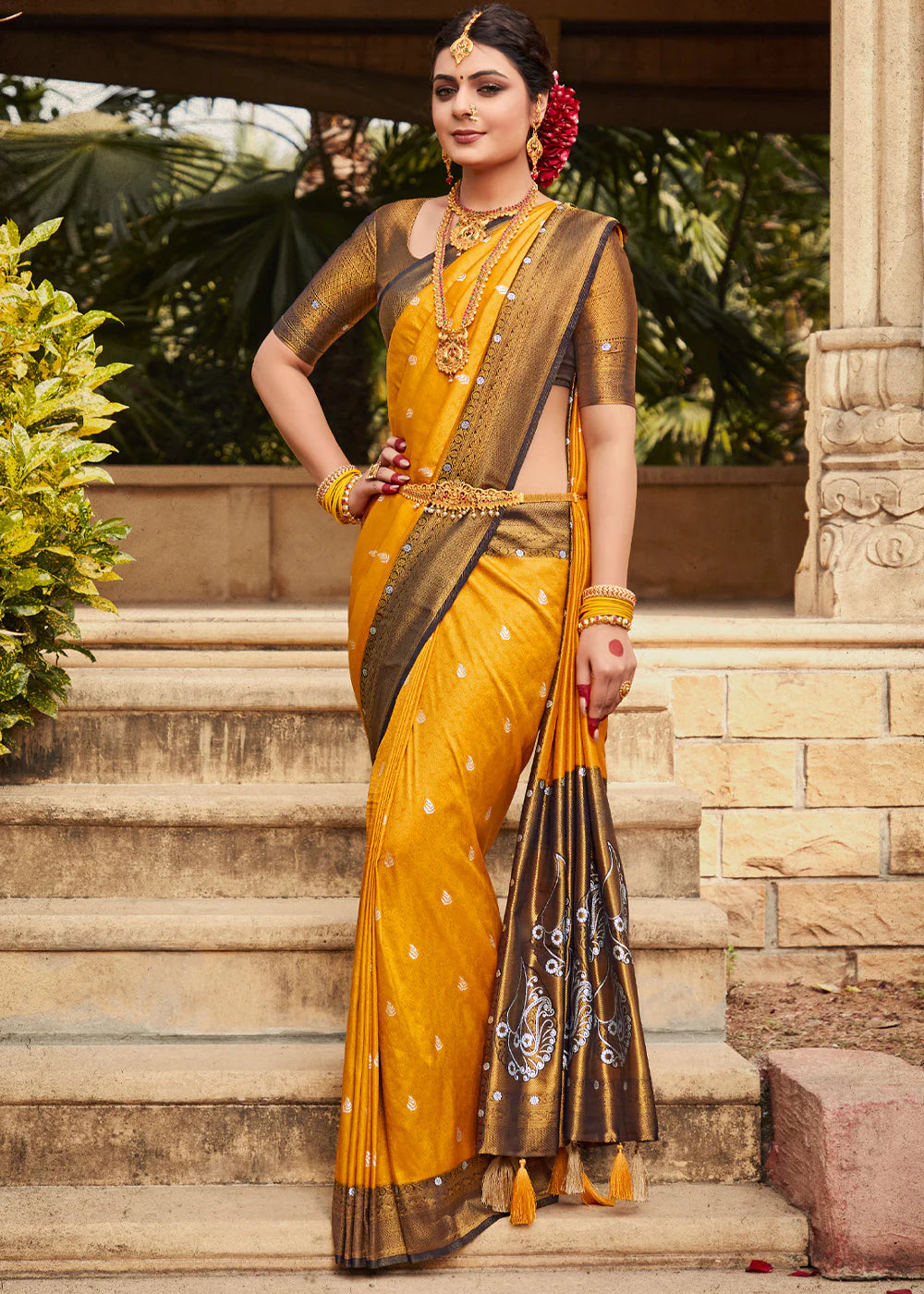 Pure Handloom Arani Kuttu Silk Saree in Yellow - Ucchal Fashion