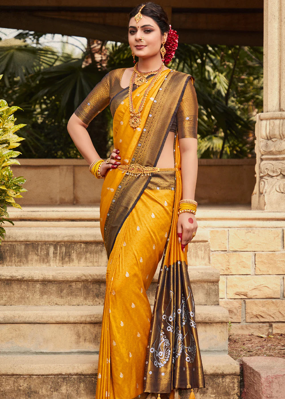 Mustard with majenta tissue korvai border kanchipuram silk saree –  #SAREEENVY