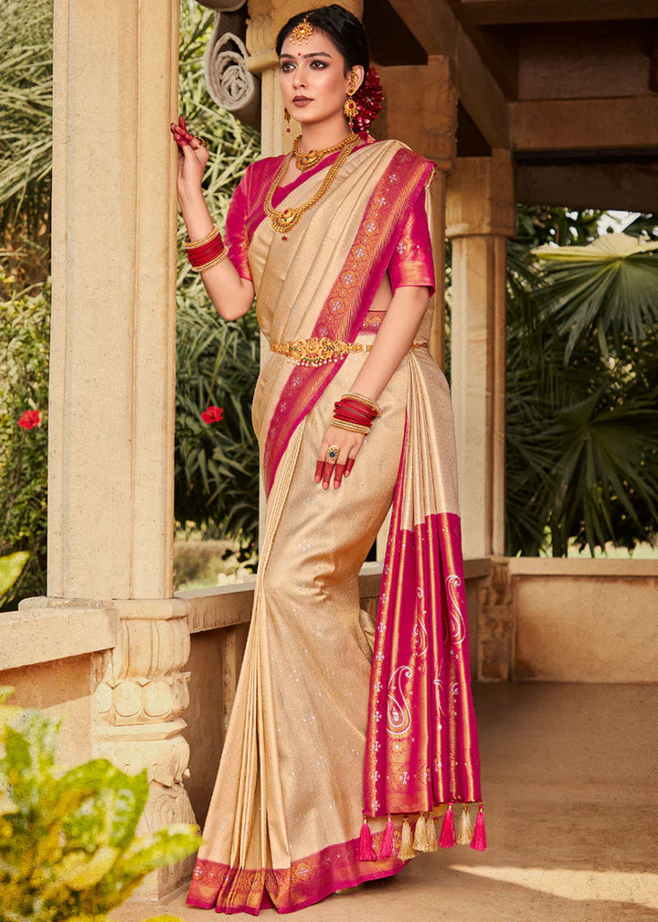 Cream And Pink Woven Kanjivaram Silk Saree