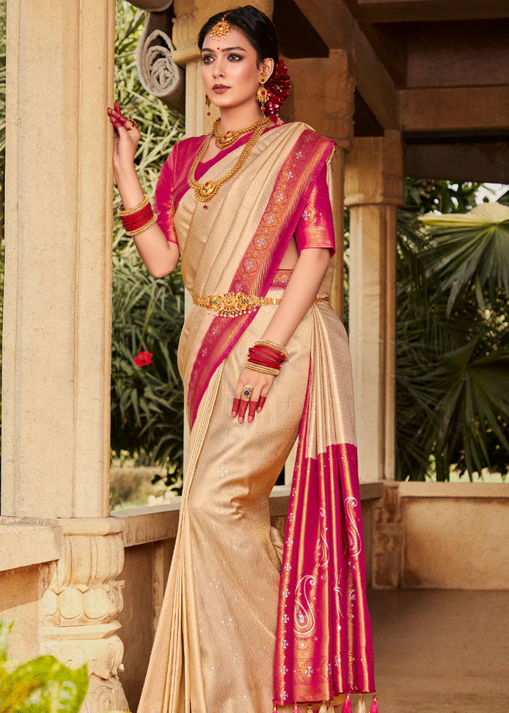 Cream And Pink Woven Kanjivaram Silk Saree