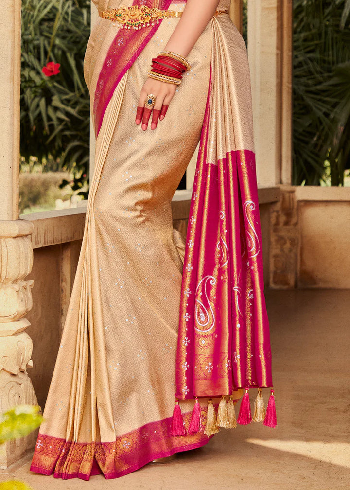 Cream And Pink Woven Kanjivaram Silk Saree