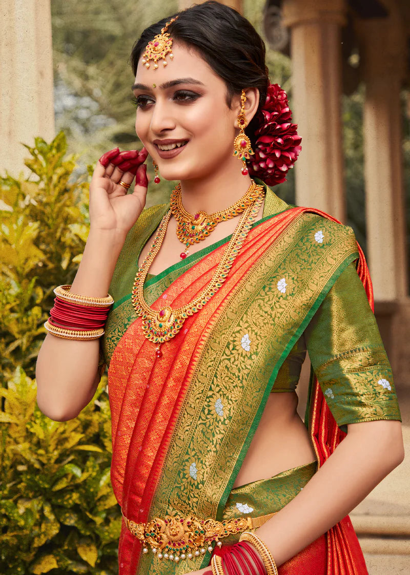 Orange Red  Woven Kanjivaram Silk Saree