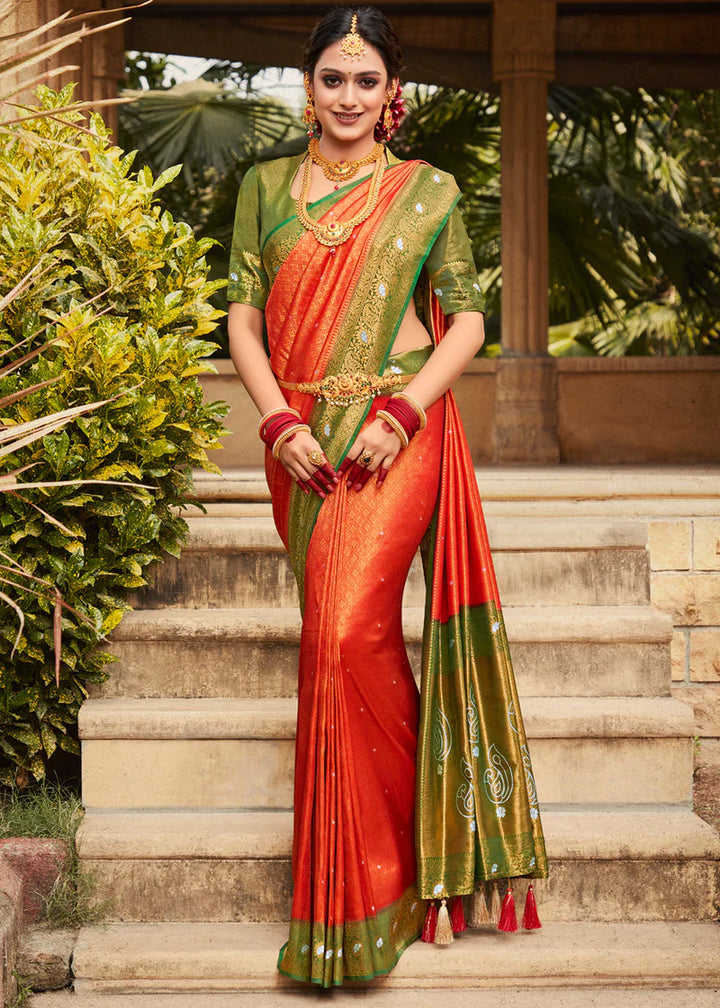 Orange Red  Woven Kanjivaram Silk Saree