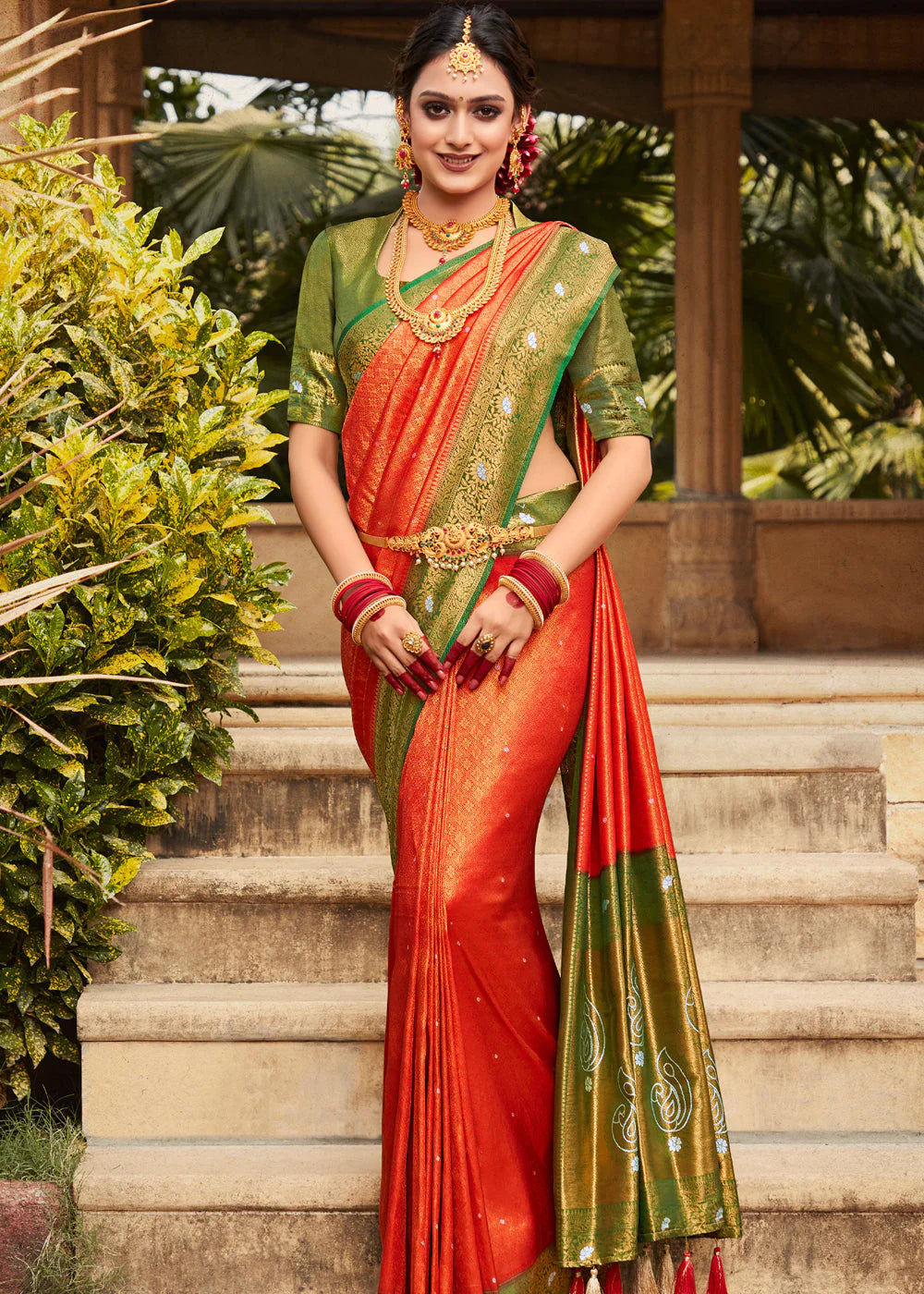 Orange Red  Woven Kanjivaram Silk Saree