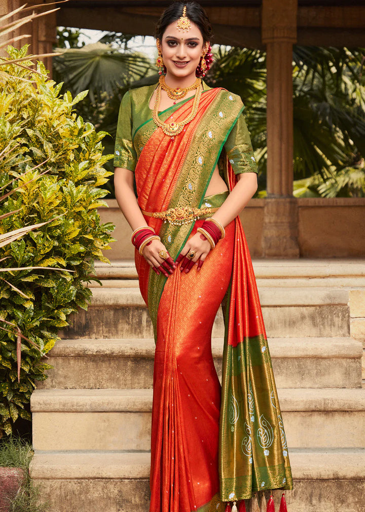 Orange Red  Woven Kanjivaram Silk Saree