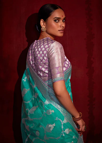 Aqua Blue Resham Embroidered Net Saree