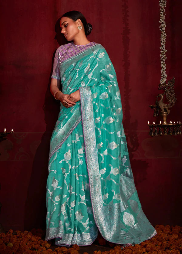 Aqua Blue And Light Purple Woven Khadi Georgette Silk Saree