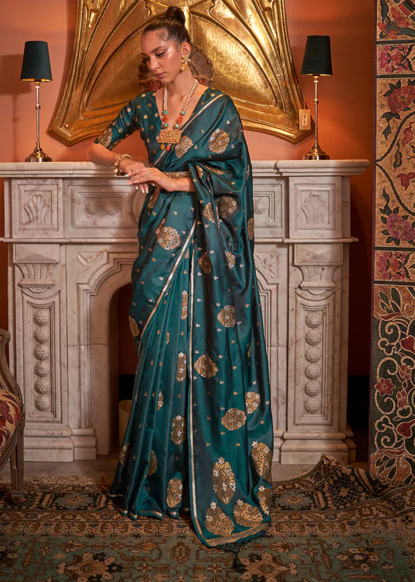 Shaded Green Satin With Copper Zari Woven Saree