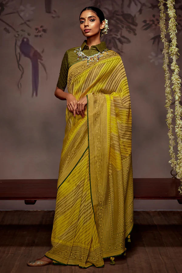 Mustard Yellow & Olive Green Woven Brasso Saree