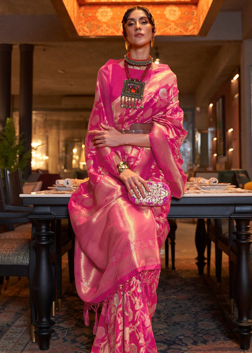 Hot Pink Handloom Woven Silk Saree