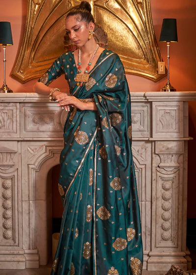 Shaded Green Satin With Copper Zari Woven Saree