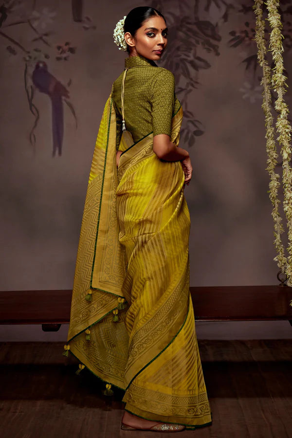 Mustard Yellow & Olive Green Woven Brasso Saree