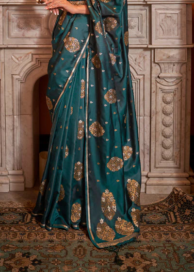 Shaded Green Satin With Copper Zari Woven Saree