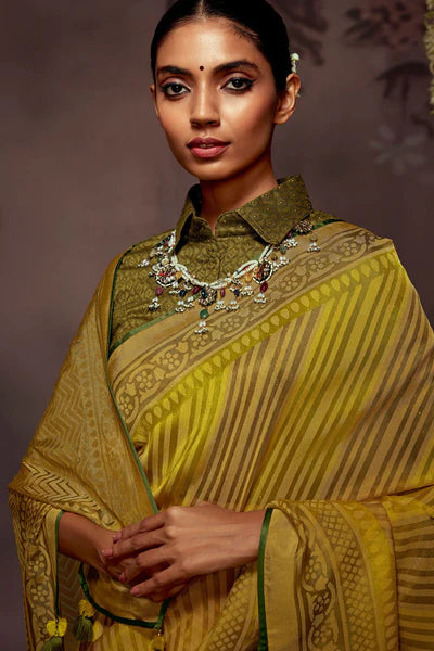 Mustard Yellow & Olive Green Woven Brasso Saree